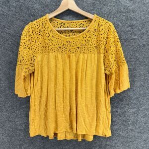 A New Approach Blouse Women PL Petite Orange Geometric Crochet 3/4 Sleeve Rayon